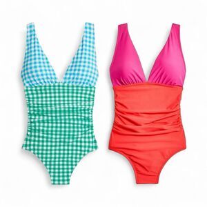 J Crew SET of 2 Ruched One-Piece Bikini Swimsuit Size Medium Gingham Colorblock